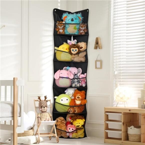 Corner Stuffed Animal Toy Storage Hanging Organizer | 5 Expandable  Mesh Net - Picture 1 of 8